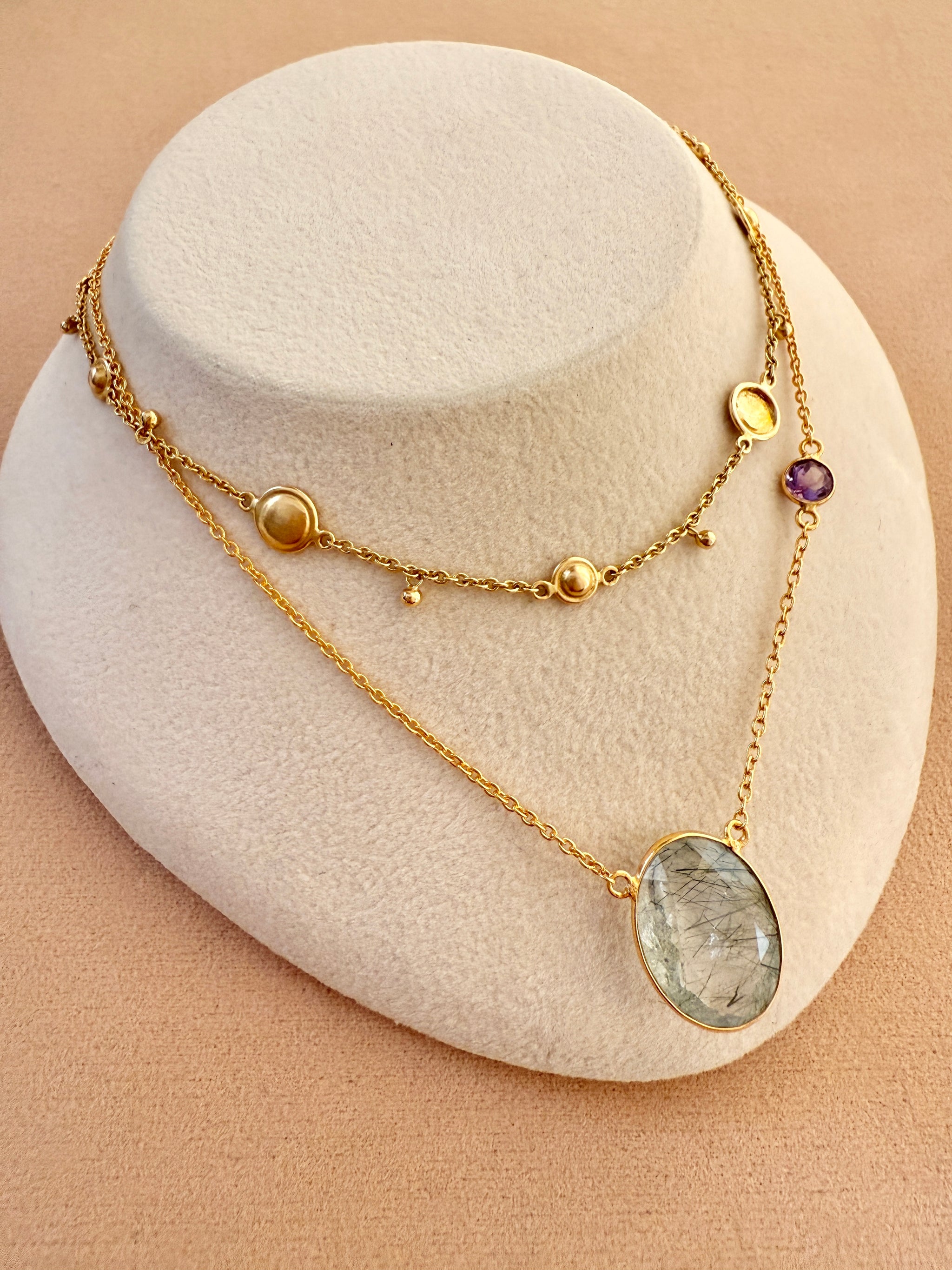 VM】L.E.O. NECKLACE Green Rutile quartz,Amethyst #3-15 – Pahi AMULET